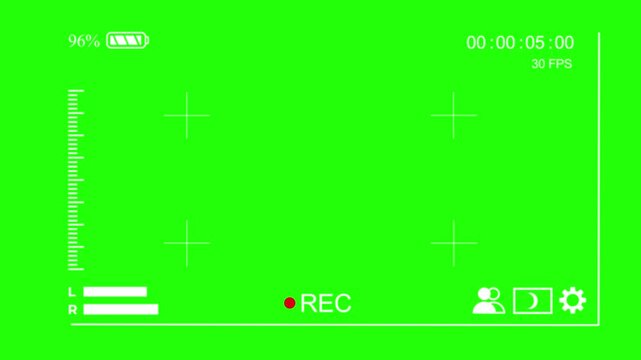 Camera Recording Viewfinder Interface with Green Screen Background.