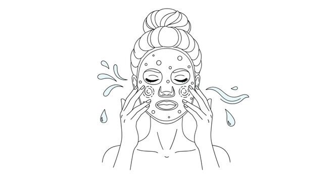 Drawing of a woman wearing a face mask with water splashes and droplets to illustrate a refreshing and hydrating facial skincare treatment.