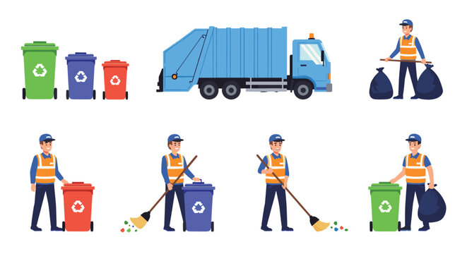 Set of sanitation workers in orange vests performing different waste management tasks with colorful bins and a collection truck.