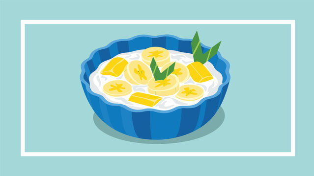 Traditional Indonesian dessert kolak pisang with sliced bananas and jackfruit in coconut milk served in a blue bowl with pandan leaves.