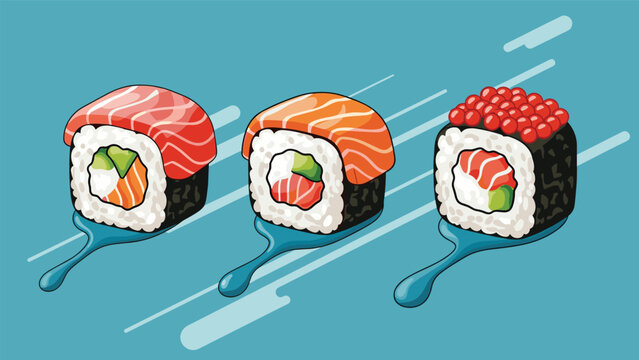 Three pieces of premium sushi nigiri with tuna, salmon, and fish roe toppings presented on a stylized blue background.