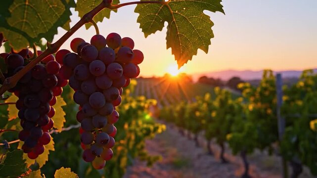 Ripe red grapes hanging on a vine in a beautiful vineyard at sunset