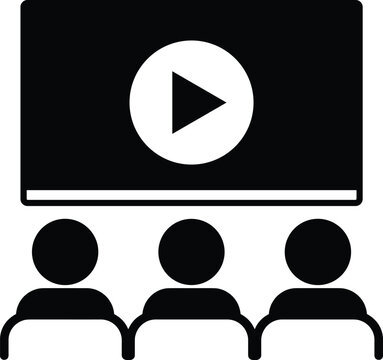 Black and white icon of three people watching a screen with play button symbol representing video, movie, presentation, or training session experience