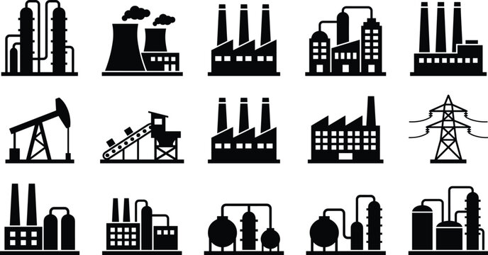 Black silhouette industrial facility icons collection featuring factories, oil rigs, power plants, mining operations, and energy infrastructure for technical, educational, and design projects