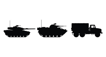 A stark black silhouette depicts three military vehicles a tank an armored car and a truck silhouette © AL-AMIN