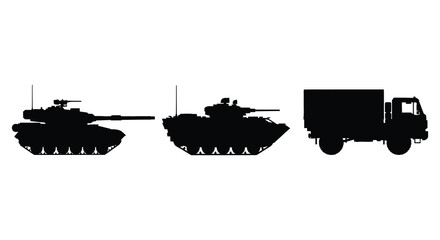 A stark black silhouette depicts a tank armored vehicle and truck in a linear arrangement silhouette © AL-AMIN