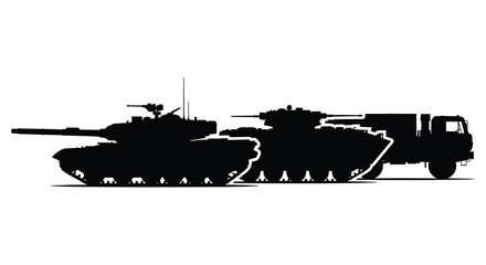 A stark black silhouette depicts military vehicles including tanks and trucks in a line silhouette © AL-AMIN