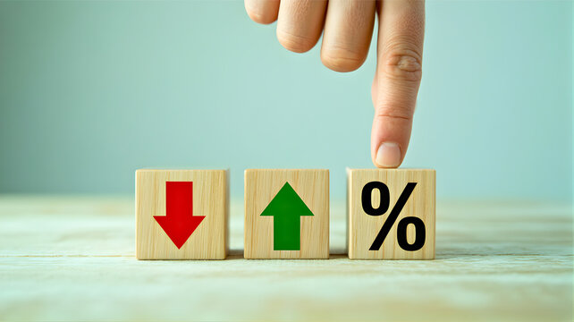 Financial concept of rising and falling percentage rates represented by wooden blocks with arrows and a percent sign