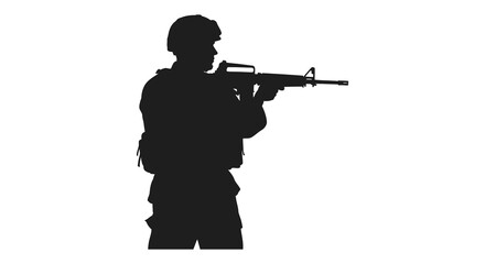 A soldier stands in a shooting stance holding a rifle depicted as a stark silhouette © AL-AMIN