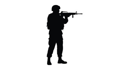 A soldier stands in a shooting position weapon raised depicted as a dramatic silhouette high quality © AL-AMIN