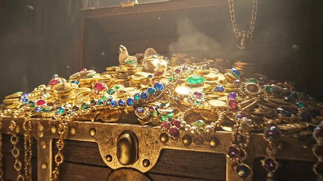 A treasure chest overflowing with gold coins and jewels in a cave