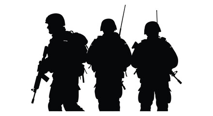 Three soldiers standing in formation facing forward depicted as a striking black silhouette high quality professional © AL-AMIN