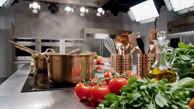 Professional kitchen studio with stainless counter, fresh herbs and tomatoes in foreground, cookware and bright softbox lights creating a clean culinary prep mood