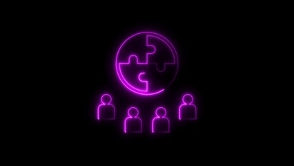 Neon Purple Puzzle Pieces and People Icons Representing Teamwork and Collaboration on a Black Background