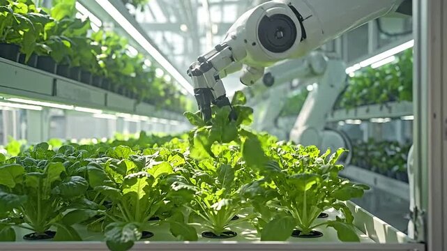 Automated robotic arm tending to rows of green plants in a modern facility