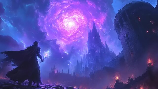 Mystic Warrior Standing Before Purple Galaxy.