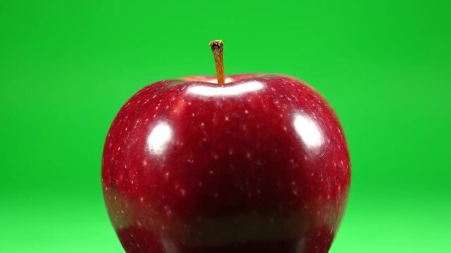 A vibrant red apple with a small stem stands prominently against a bright green
