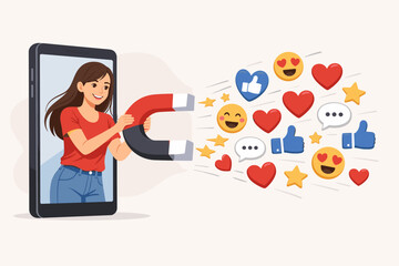 Influencer marketing concept with a beautiful young woman holding a magnet to attract social media likes, hearts, and emojis from a smartphone screen for digital advertising and brand promotion.
