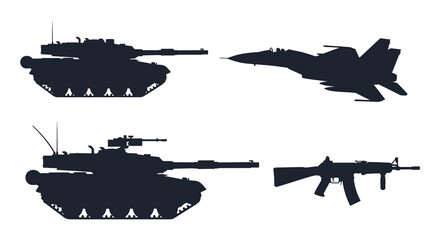 A striking collection of military vehicles and weaponry presented in a bold black silhouette high quality © Kuntol02