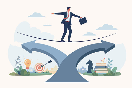 Corporate Executive Balancing on Highwire Above a Y-Junction Signpost, Navigating Career Crossroads, Organizational Direction, Tactical Planning, and Risk Versus Reward in a Life-Defining Choice