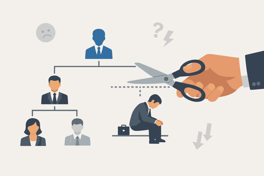 Business Downsizing and Layoff Concept with a Hand Cutting an Organizational Chart with Scissors, Representing Employee Contract Termination, Job Loss, Redundancy, and Workforce Restructuring.