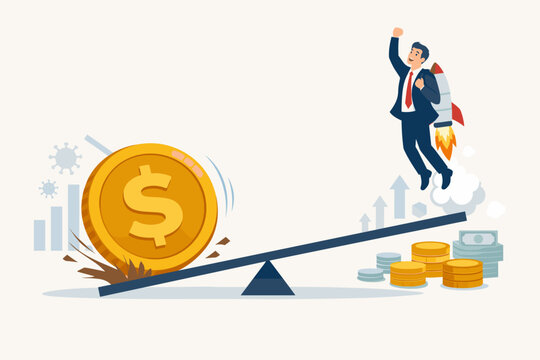 Entrepreneur Launched Skyward by a Dollar Coin Seesaw Wearing a Jetpack, Symbolizing Government Fiscal Stimulus, Central Bank Capital Injection, Economic Revival, and Post-Pandemic Business Recovery
