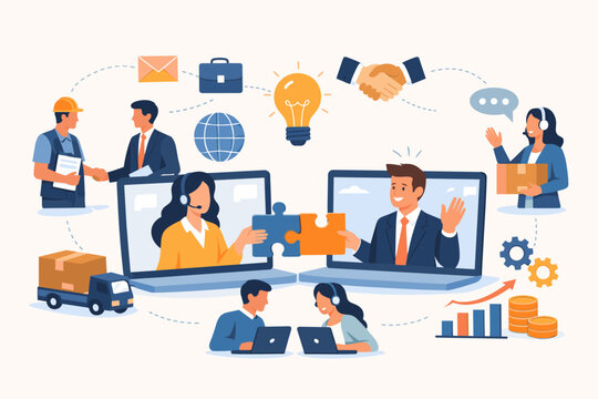 Professional Business Outsourcing and Vendor Management Concept with People Working Virtually, Global Logistics, Third-Party Collaboration, Supply Chain, and Online Communication Illustration.