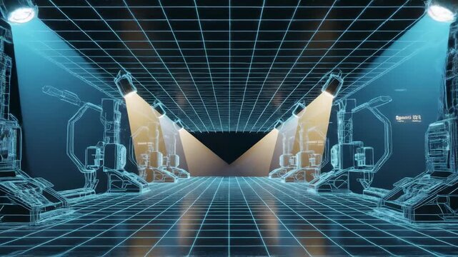 Futuristic robotic assembly line in a high-tech factory with grid floor and ceiling.