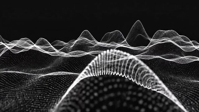 Abstract digital wave pattern with glowing particles on a dark background