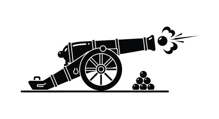 A striking black silhouette depicts a vintage cannon firing with cannonballs and smoke silhouette high quality © Kuntol02
