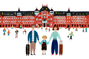 東京駅と旅行する家族の観光イメージイラスト