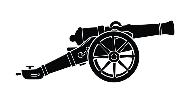 A detailed black silhouette of an antique cannon positioned for firing a historical depiction silhouette