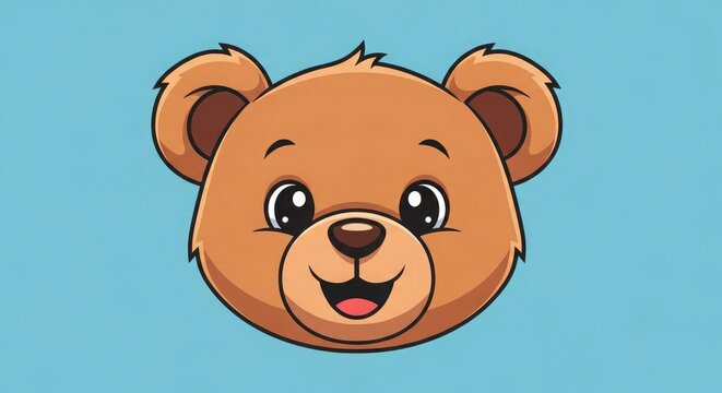Cartoon brown bear head with big eyes and smiling face on blue background cute and friendly animal illustration