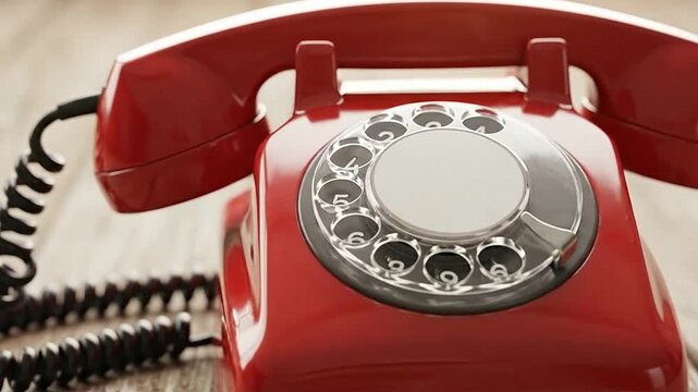A vintage red rotary dial telephone rests on a weathered wooden surface