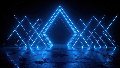 Abstract glowing blue geometric shapes in a dark, reflective, polished tunnel