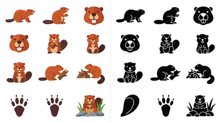 Collection of colorful and black and white illustrations of beavers in various poses, including full body, heads, and actions like building dams, along with paw prints and a seed.