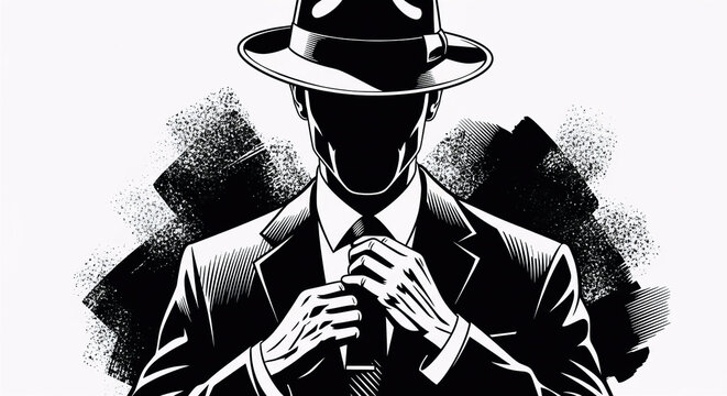Black and white high-contrast illustration of a faceless man wearing a classic fedora hat and suit, adjusting his tie.
