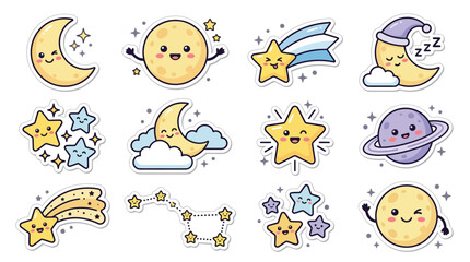 Collection of cute cartoon celestial bodies including moons, stars, planets, and shooting stars with happy faces. © Airwj