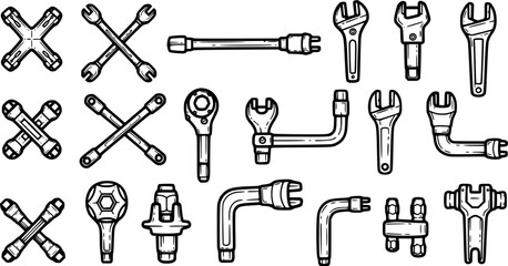 Obraz premium Automotive Mechanic Hand Tools Black and White Line Art Set. Wrenches and Spanners Doodle Collection for Repair and Workshop Icons.
