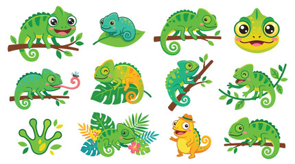Naklejka premium Collection of cute cartoon chameleons in various poses and settings, showcasing their vibrant colors and unique features.
