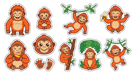 A delightful collection of cartoon orangutans in various playful poses, showcasing their adorable nature and jungle habitat. © Airwj