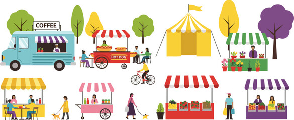 Obraz premium Cute Cartoon Outdoor Market Festival Scene Coffee Truck Food Stalls People Shopping Flat Illustration for Autumn Fair Designs, Street Food Clipart, Community Event Graphics, and Vector Collections