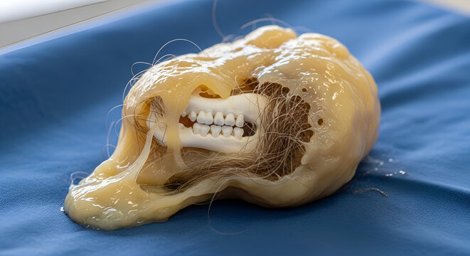 Medical Specimen of a Mature Cystic Teratoma with Hair and Teeth