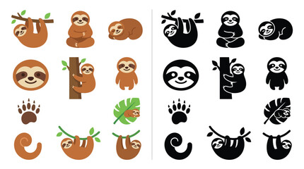 Collection of cute sloth illustrations in both color and black and white, featuring various poses and jungle elements.