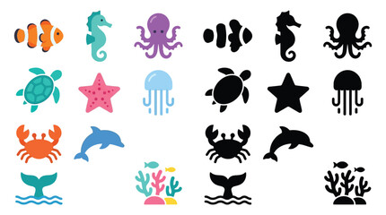 Collection of colorful and silhouette illustrations of marine life and underwater elements. © Airwj