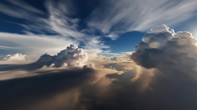 Flying high above f white clouds under a bright blue sky with sunlight