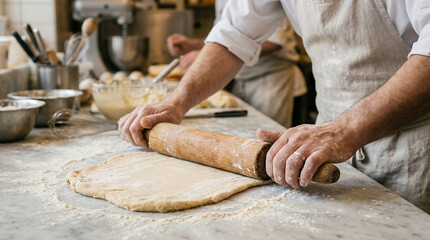 Chef Rolling Dough with Rolling Pin on Bakery Kitchen Counter Preparing Pastry or Pizza Dough