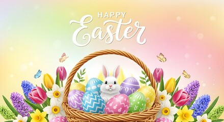 Happy Easter Greeting Banner with Bunny Colorful Eggs and Spring Flowers