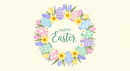 Happy Easter Greeting Card with Floral Wreath and Decorated Eggs on Pale Background
