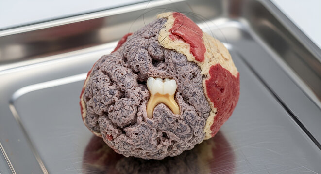 Medical Model of a Teratoma Tumor with Hair and Tooth on Tray